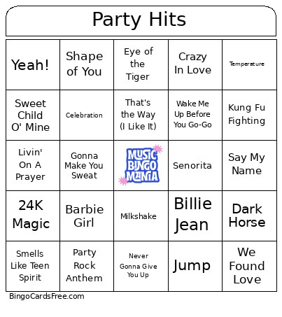 Party Hits Music Bingo Card