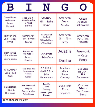 Party In The USA! Bingo Card