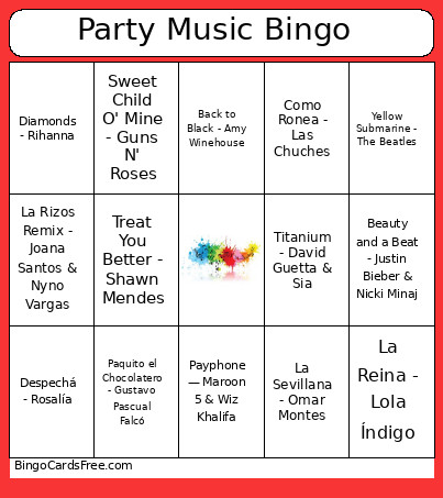 Party Music Bingo Card