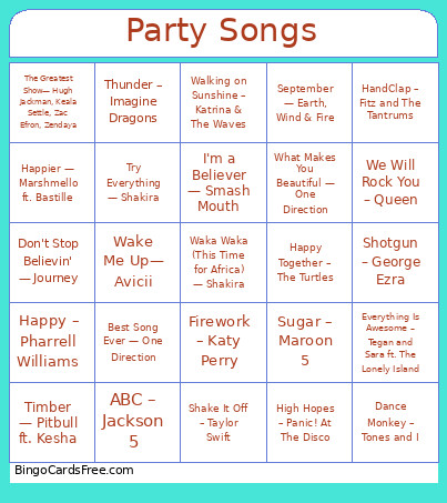 Party Songs Bingo Card