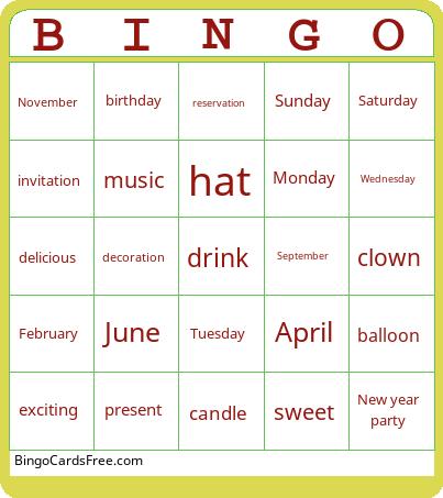 Party time unit words Bingo