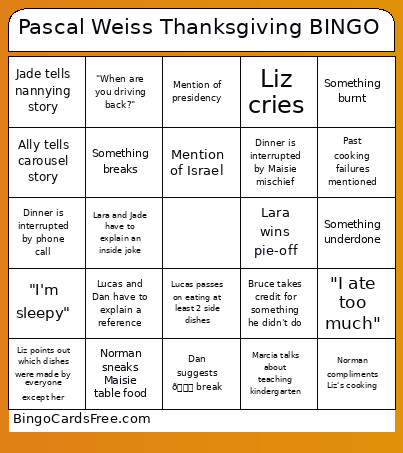 Pascal Weiss Thanksgiving Bingo Card