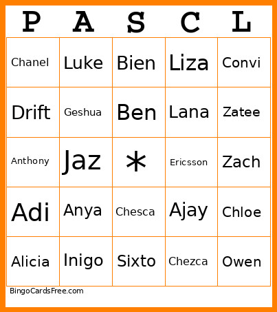 PASCL Bingo Card