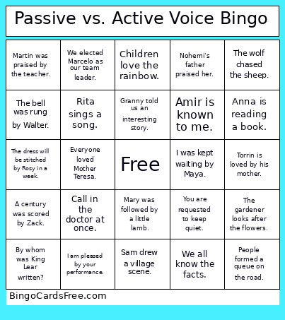 Passive Vs. Active Voice Bingo Card
