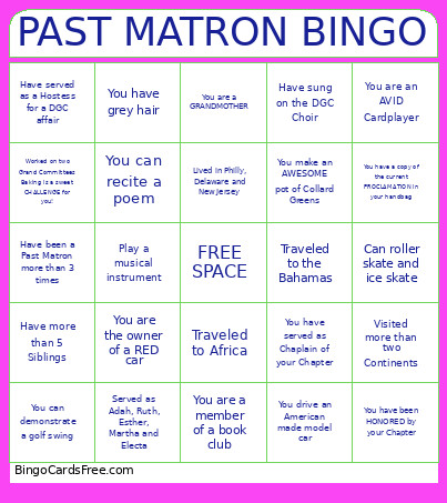 Past Matron Bingo Card