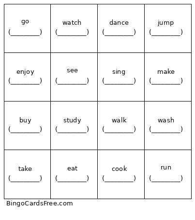 past tense Bingo Cards Free Pdf Printable Game, Title: 