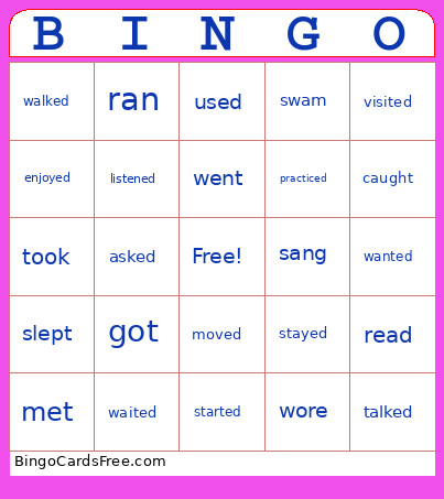 Past Tense Bingo Card