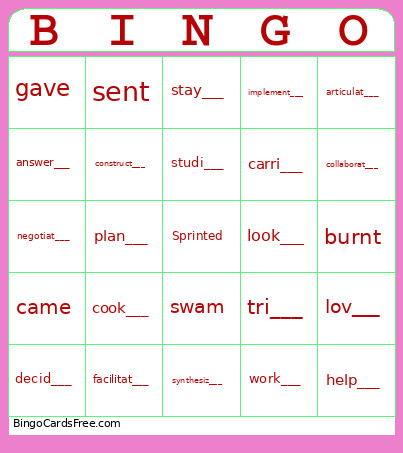 Past Tense Bingo Card