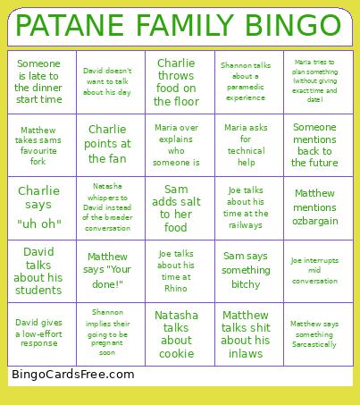 Patane family bingo