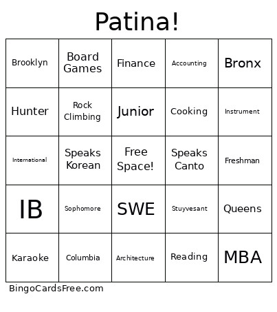 Patina! Bingo Card
