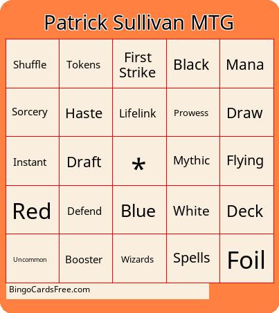 Patrick Sullivan MTG Bingo Cards Free Pdf Printable Game, Title: Patrick Sullivan MTG