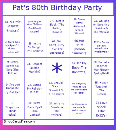 Pat's 80th Birthday Party Bingo Card