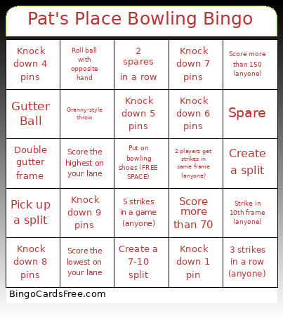 Pat's Place Bowling Bingo Card