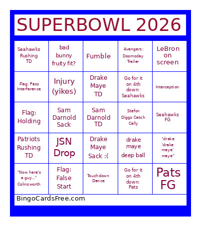 PATS SUPERBOWL 2026 Bingo Card