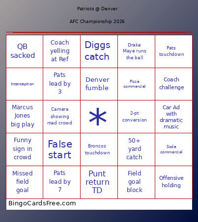 Pats Vs Broncos Bingo Card