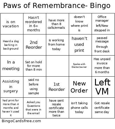 Paws Of Remembrance- Bingo Card