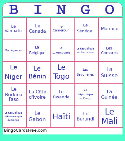 Pays Francophones Bingo Card