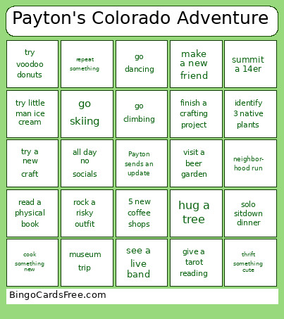 Payton's Colorado Adventure Bingo Card