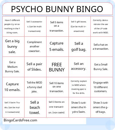 PB Fathers Day Bingo Cards Free Pdf Printable Game, Title: PSYCHO BUNNY BINGO