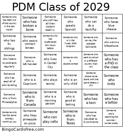 PDM Class Of 2029 Bingo Card