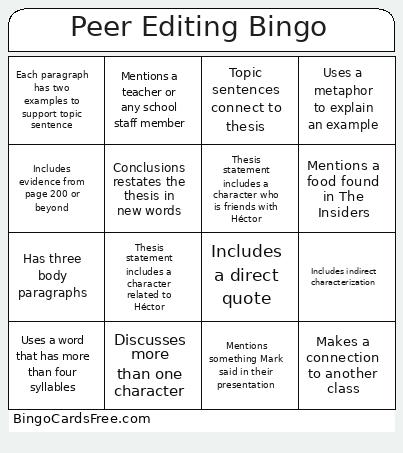 Peer Editing Bingo Card