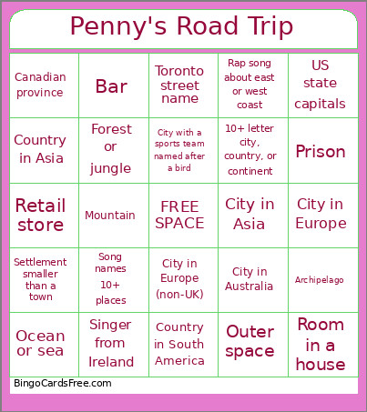 Penny's Road Trip Bingo Card