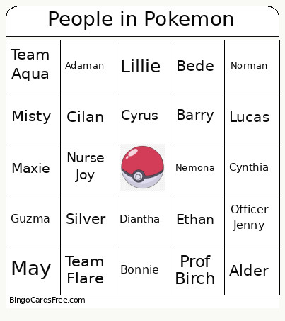 People In Pokemon Bingo Card