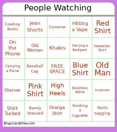 People Watching Bingo Card