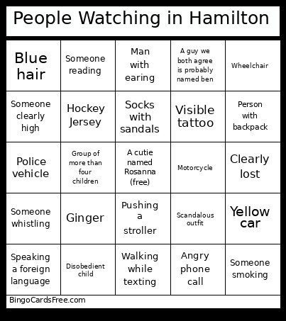 People Watching In Hamilton Bingo Card 2