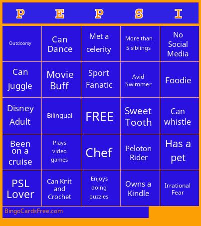 PEPSI Bingo Cards Free Pdf Printable Game, Title: PEPSI