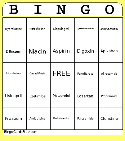 Perfusion Pharmacology Bingo Card