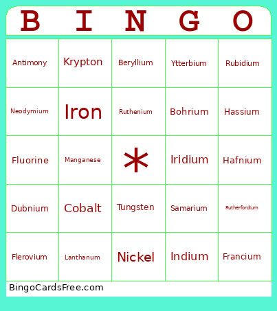 Periodic Table Quiz Bingo Card