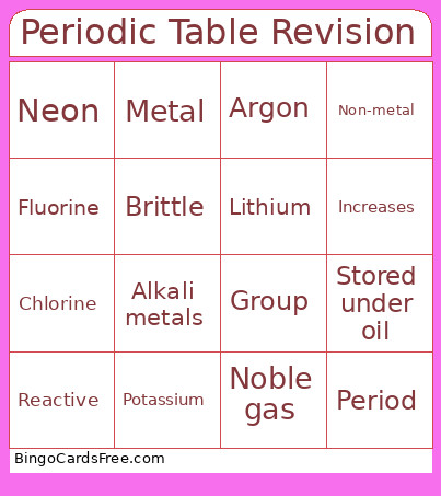 Periodid Table Revision Bingo Card