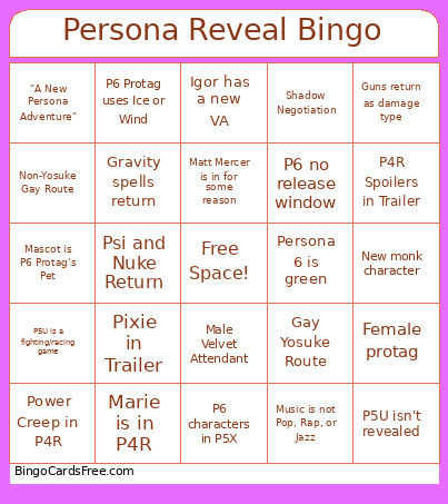 Persona Reveal Bingo Card
