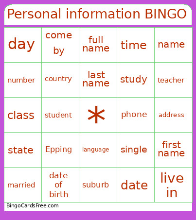 Personal Information Bingo Card