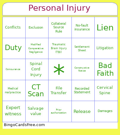 Personal Injury Bingo Card