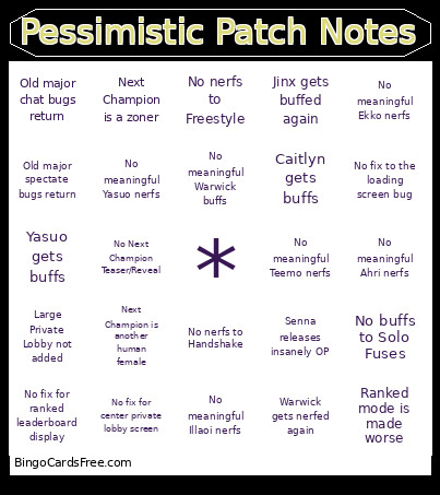 Pessimistic Patch Notes Bingo Card