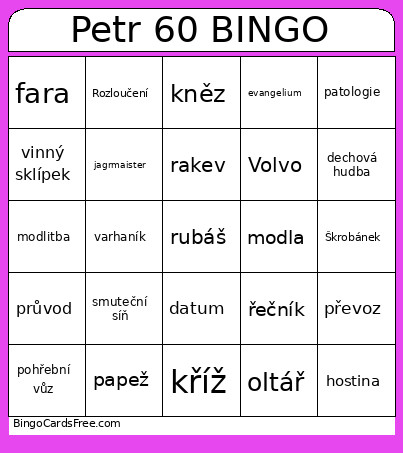 Petr 60 Bingo Card