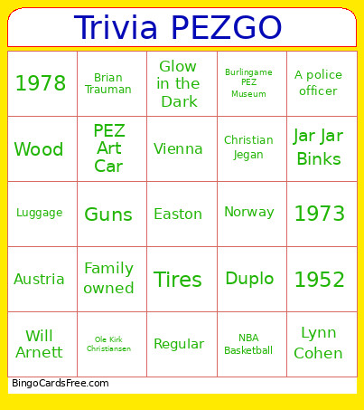 PEZGO Trivia Bingo Card