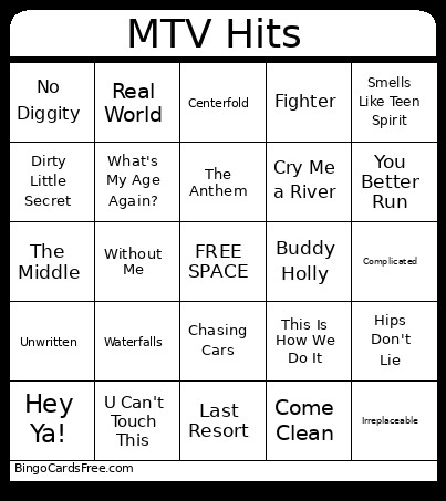 PG MTV HITS Bingo Card
