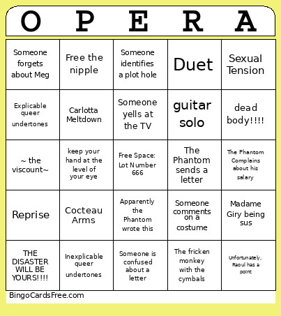 Phantom Of The Opera Bingo Card