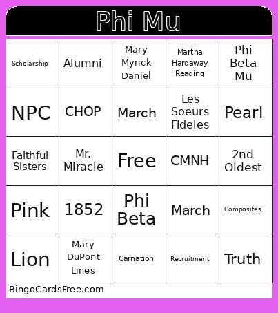 Phi Mu Bingo Card