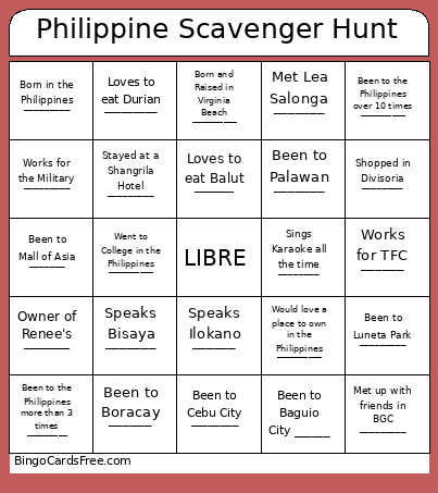 Philippine Scavenger Hunt Bingo Card 2