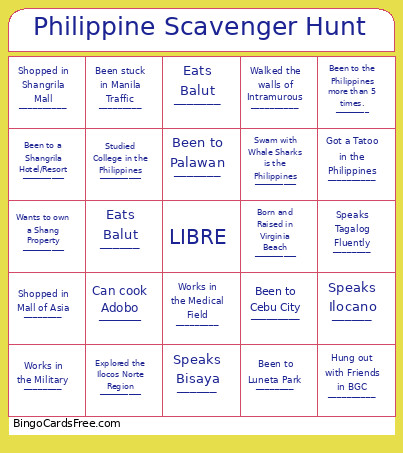 Philippine Scavenger Hunt Bingo Card