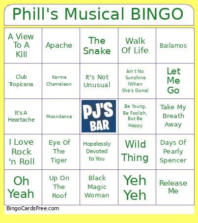 Phill's Musical . 1 Bingo Card