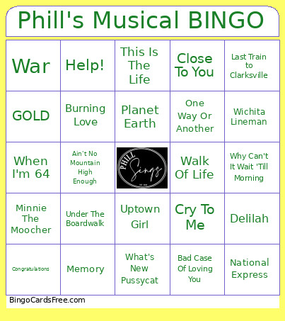 Phill's Musical Bingo Card