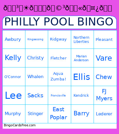 Philly Pool Bingo Card