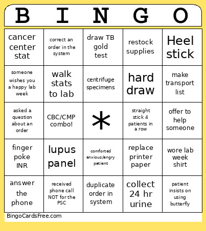 Phlebotomist Bingo Card