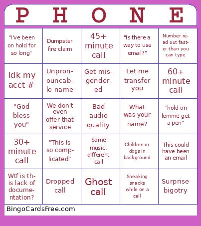 Phone support Bingo