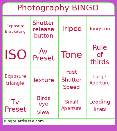 Photography Bingo Card
